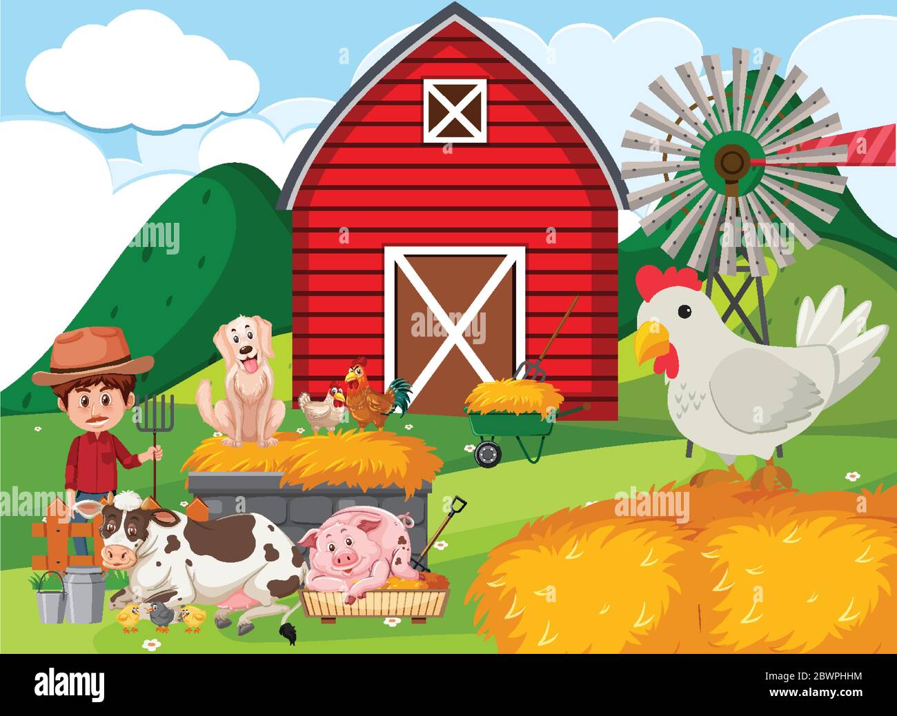 Farm scene with farmer and many animals on the farm illustration Stock ...
