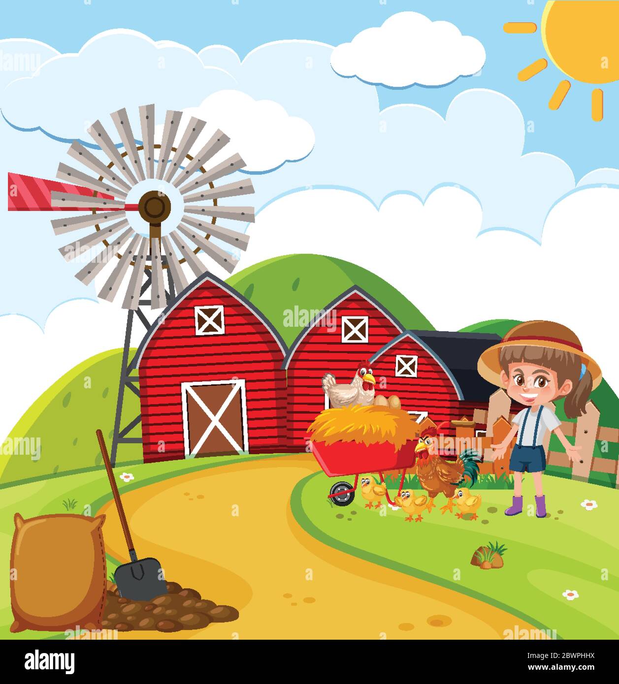 Farm scene with girl and chickens on the farm illustration Stock Vector ...