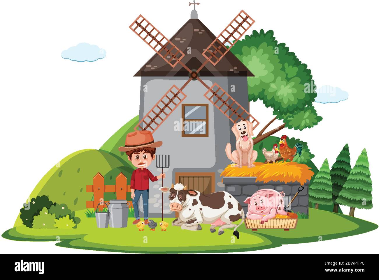 Farm scene with farmer and many animals on the farm illustration Stock ...