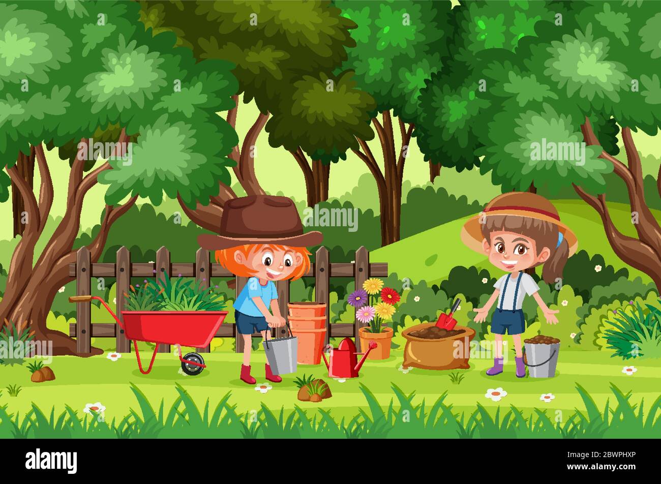 Background scene with kids planting in the park illustration Stock ...