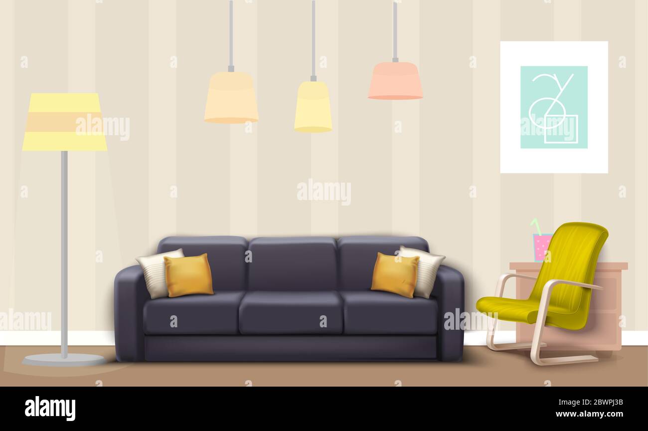 mock up illustration of gray couch and yellow chair in a lounge Stock