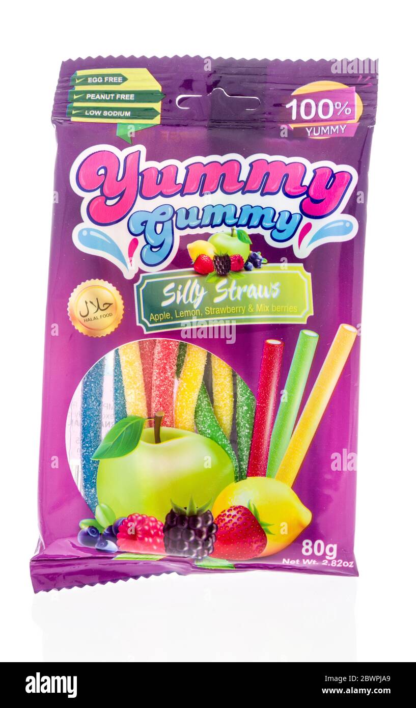 Winneconne,  WI - 2 June 2020: A package Yummy Gummy silly straws candy on an isolated background Stock Photo