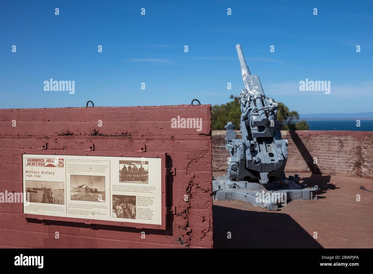 Whyalla South Australia November 17th 2019 : Plaque detailing the history of the 3.7 inch anti aircraft gun mounted on Hummock Hill in Whyalla Stock Photo