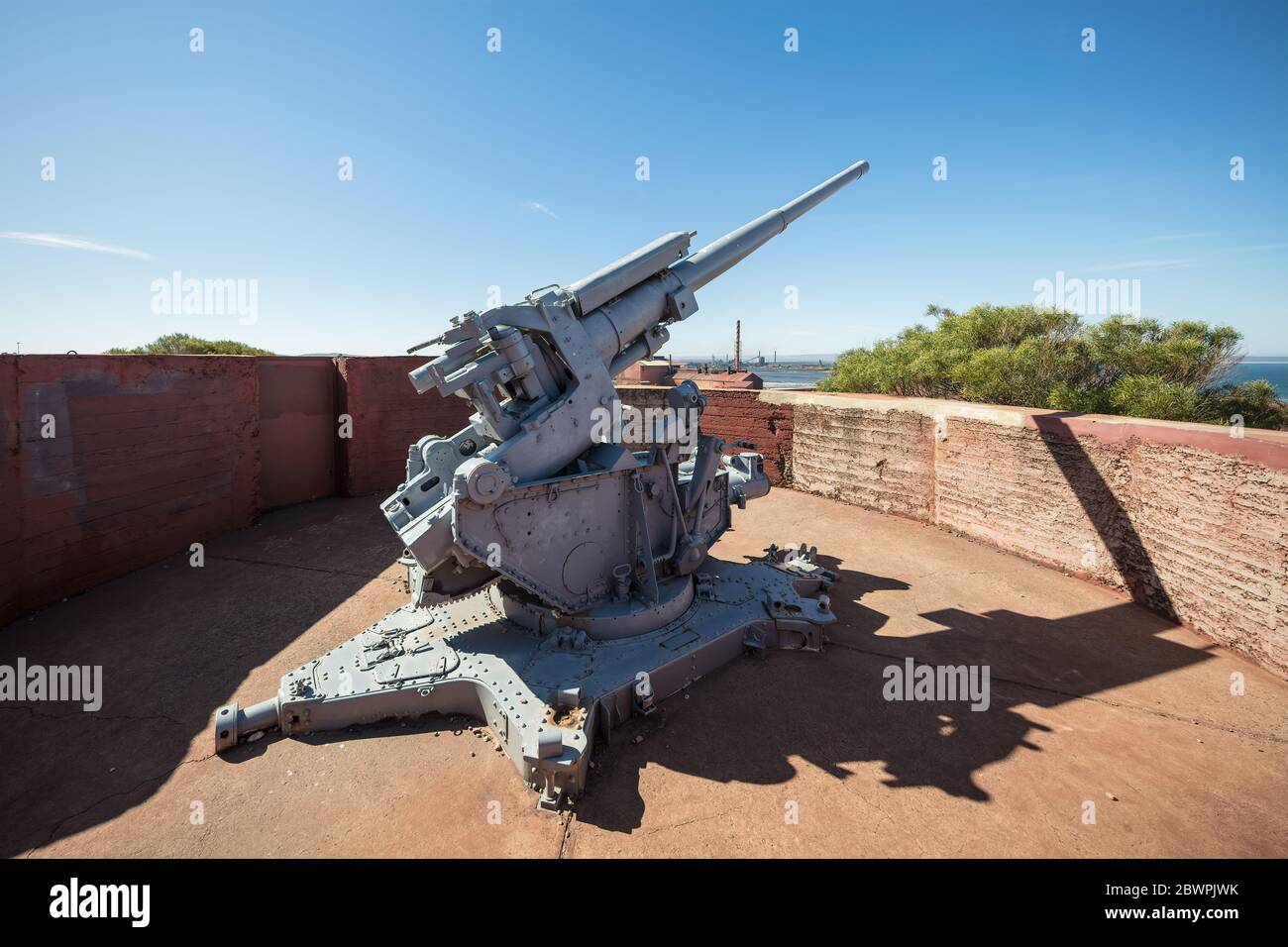 Whyalla South Australia November 17th 2019 : Side view of the world war II era 3.7 inch anti aircraft gun mounted on Hummock Hill in Whyalla Stock Photo