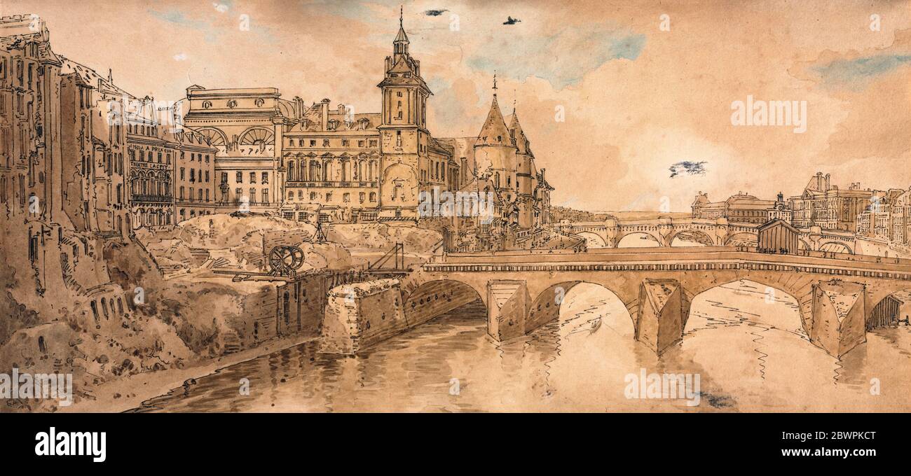 View of Pont au Change, the City Theatre, Pont Neuf, Conciergerie Prison, and taken from Pont Notre Dame by Thomas Girtin, 1802 Stock Photo