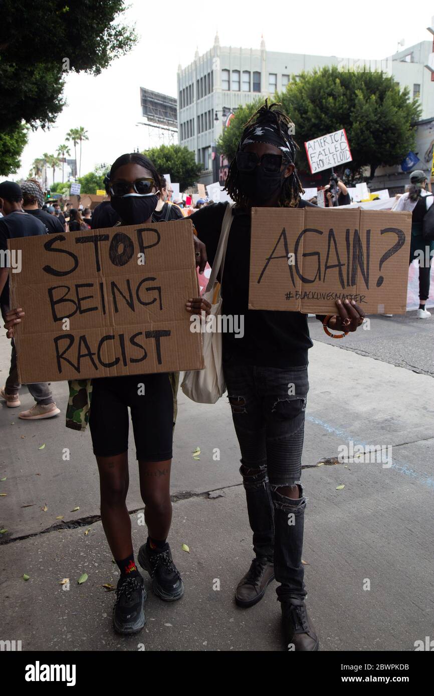 Los Angeles, USA. 02nd June, 2020. Los Angeles, CA - June 2, 2020: Demonstrators attend the George Floyd Black Lives Matter Protest on June 2, 2020 on Hollywood Blvd in Los Angeles, California. Credit: MSU Studio/The Photo Access. Credit: The Photo Access/Alamy Live News Stock Photo