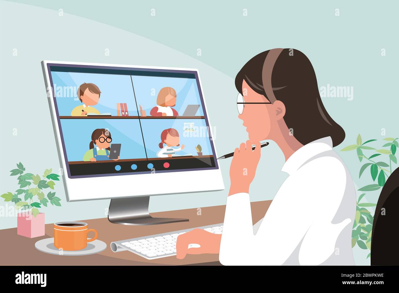young asian female elementary teacher using tele education technology and device to teach students Stock Vector