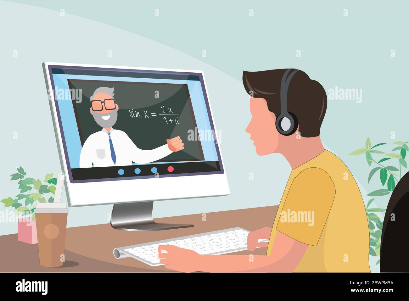 college student attending online class listening to lecture by a professor Stock Vector