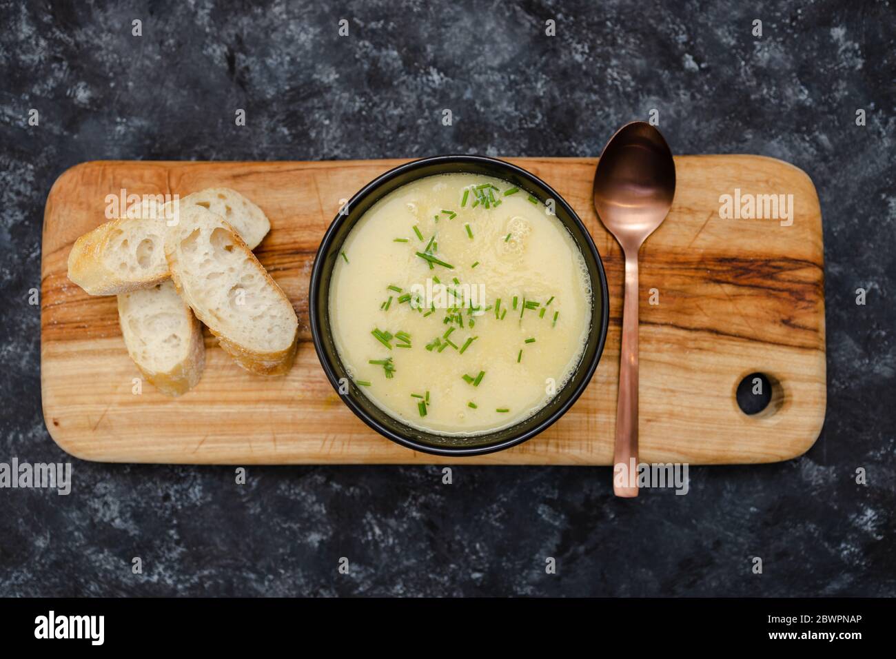 Healthy Plant Based Food Recipes Concept Vegan Corn Cauliflower Soup With Chives Topping And Bread Slices Stock Photo Alamy