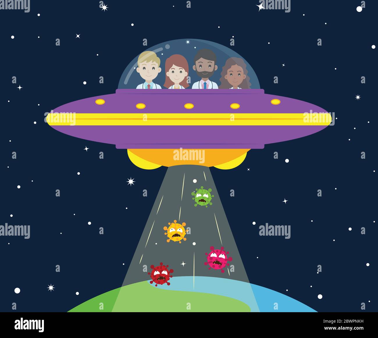 Vector illustration of medical team in UFO abducts virus from earth Stock Vector