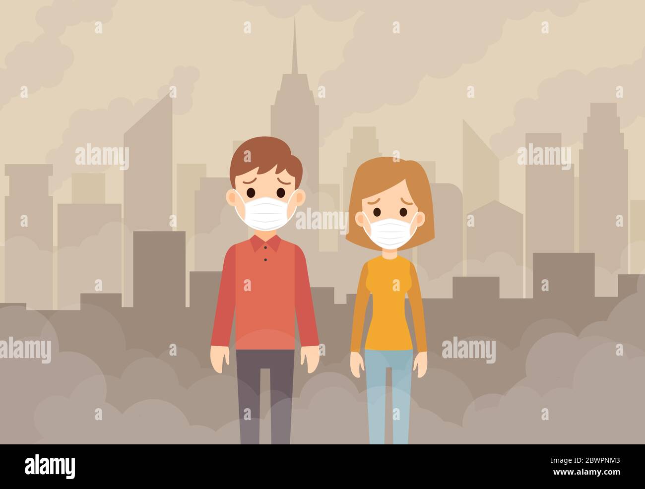People wearing protective face masks from contaminated air and smoke in city background. Stock Vector