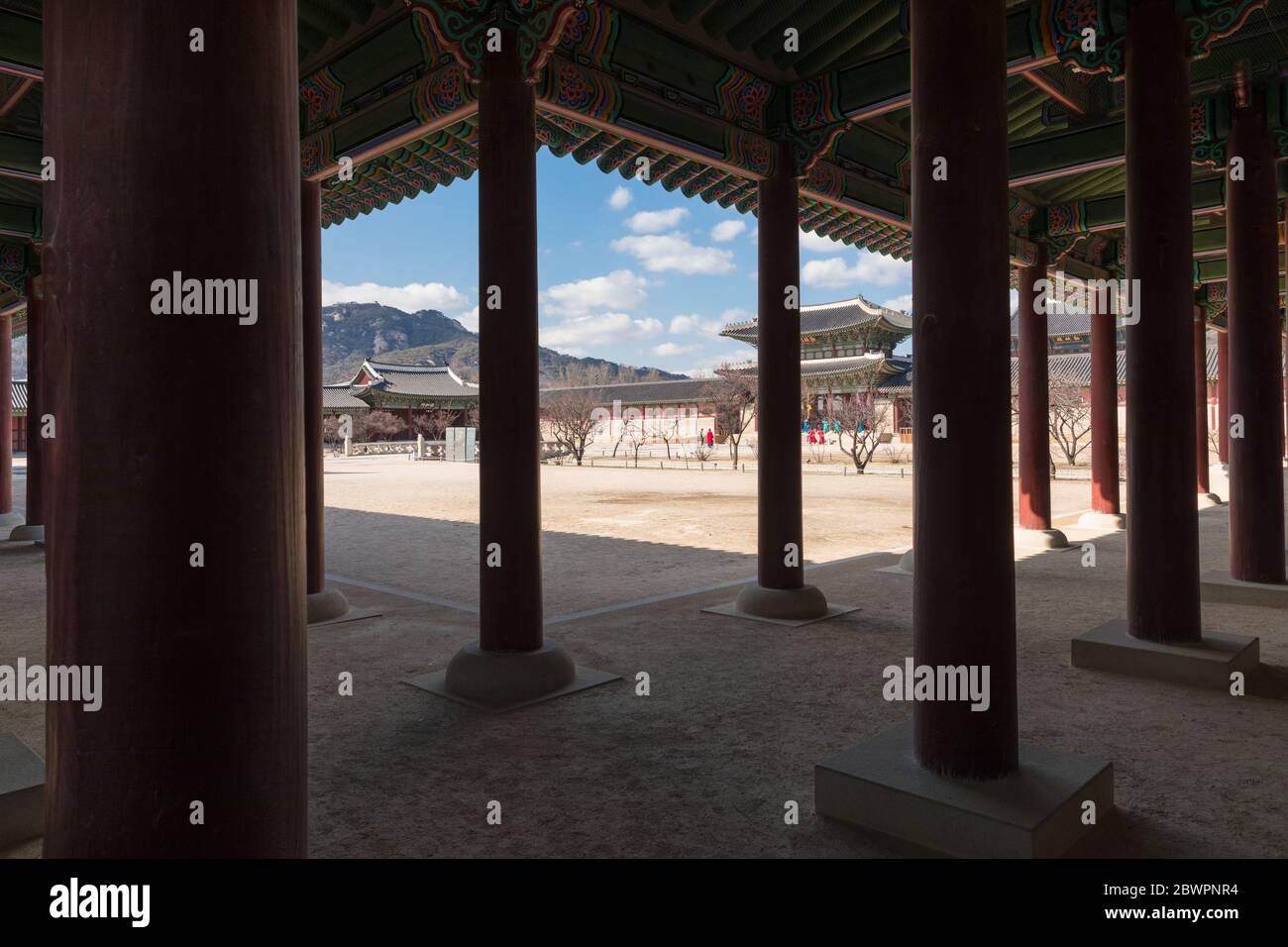 Gyeongbokgung Palace, Seoul, South Korea - February 27, 2020: Korean traditional architecture and guard inside Gyeongbokgung Palace Stock Photo