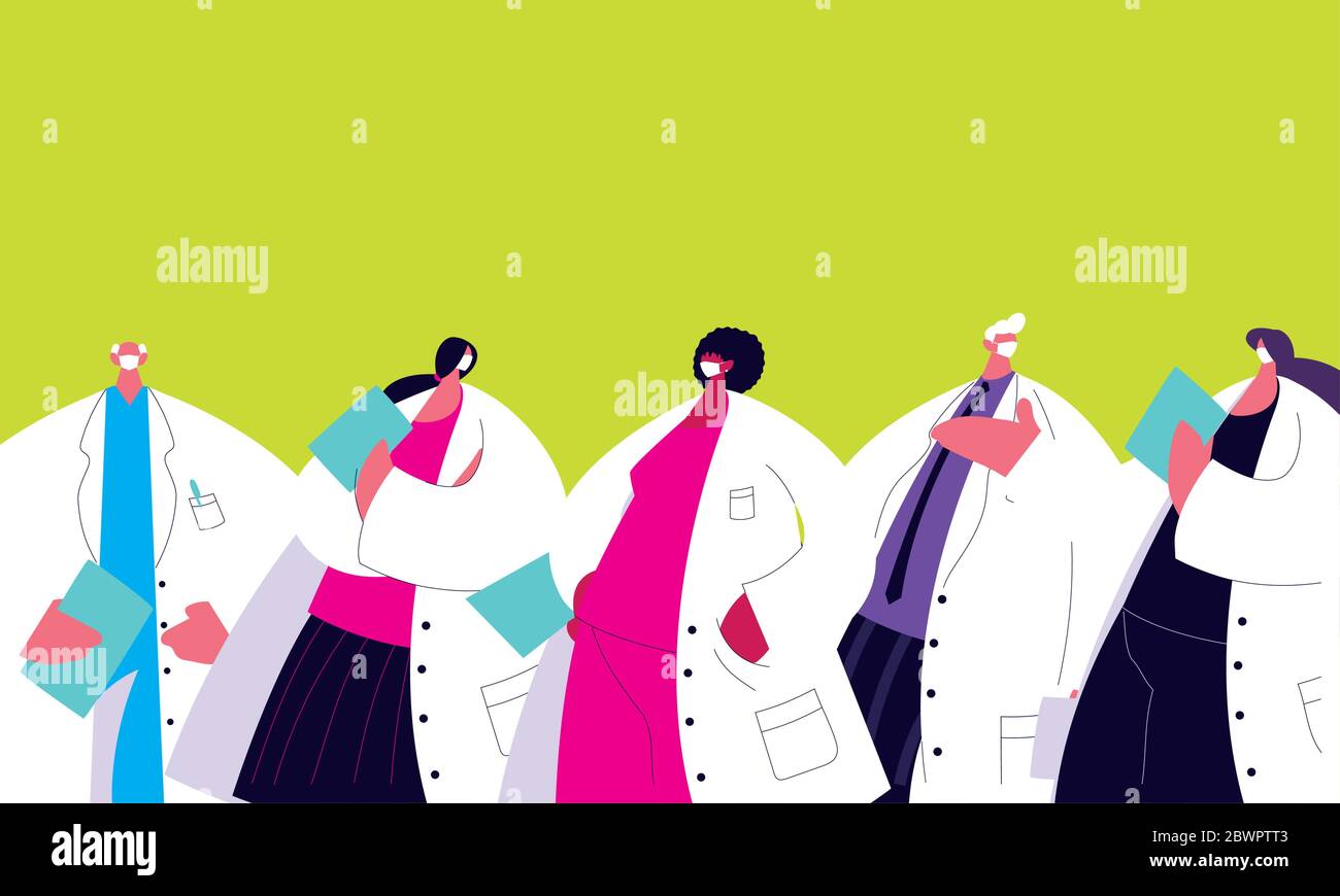 doctors wearing face masks and medical uniforms vector illustration ...