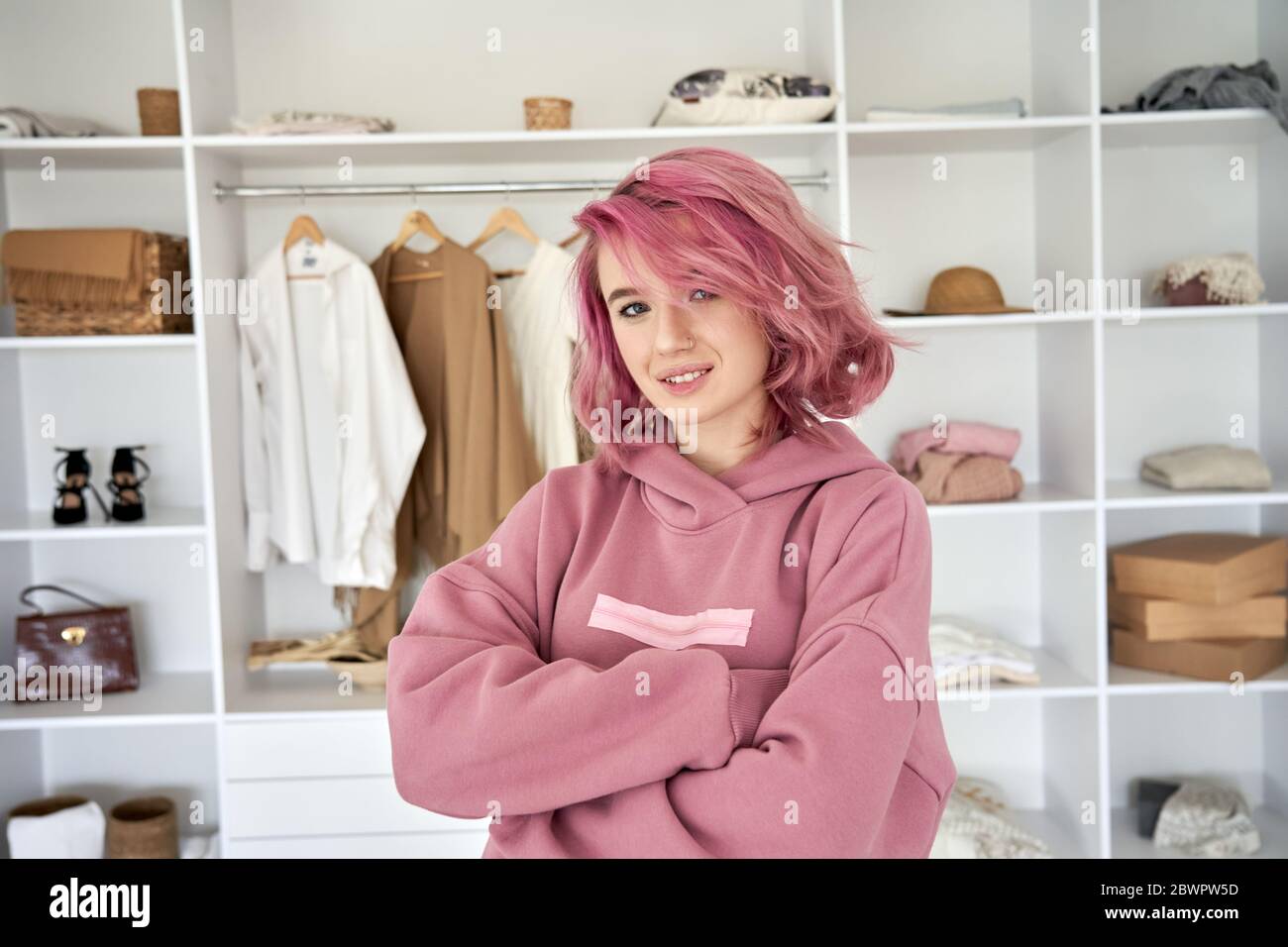 Cool confident stylish hipster fashion gen z teen girl look at camera, portrait. Stock Photo