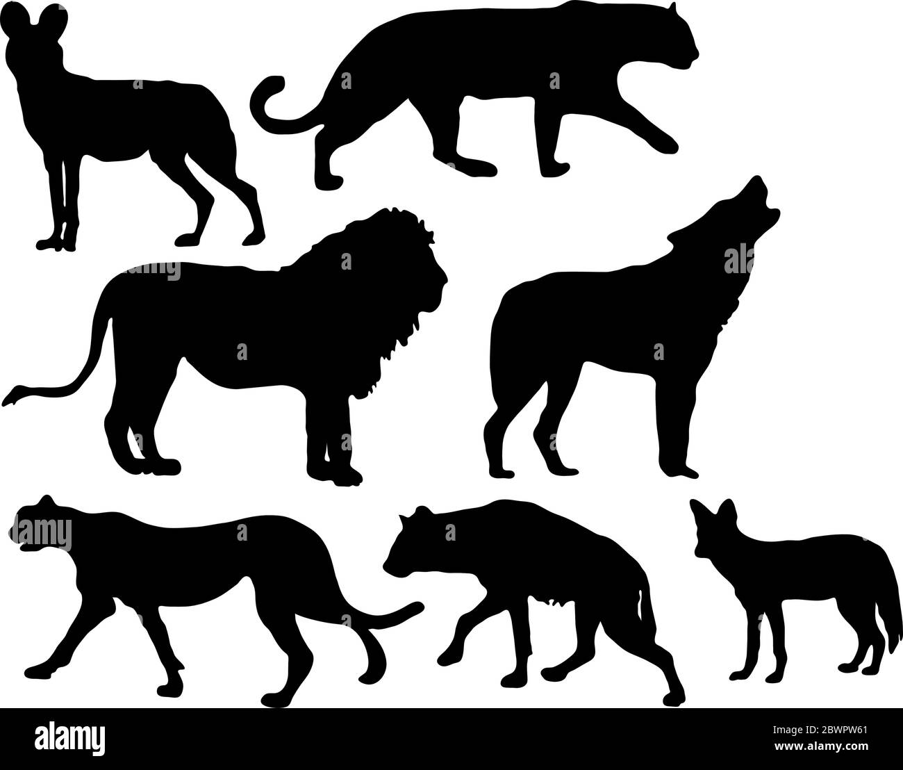 Selection of predator silhouettes (wild dog, cheetah, leopard, lion, wolf, hyena and jackal) Stock Vector