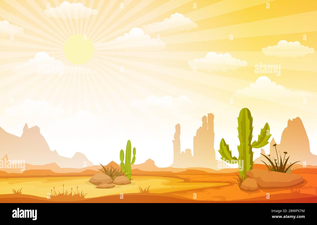 Beautiful Western Desert Landscape with Sky Rock Cliff Mountain Vector Illustration Stock Vector