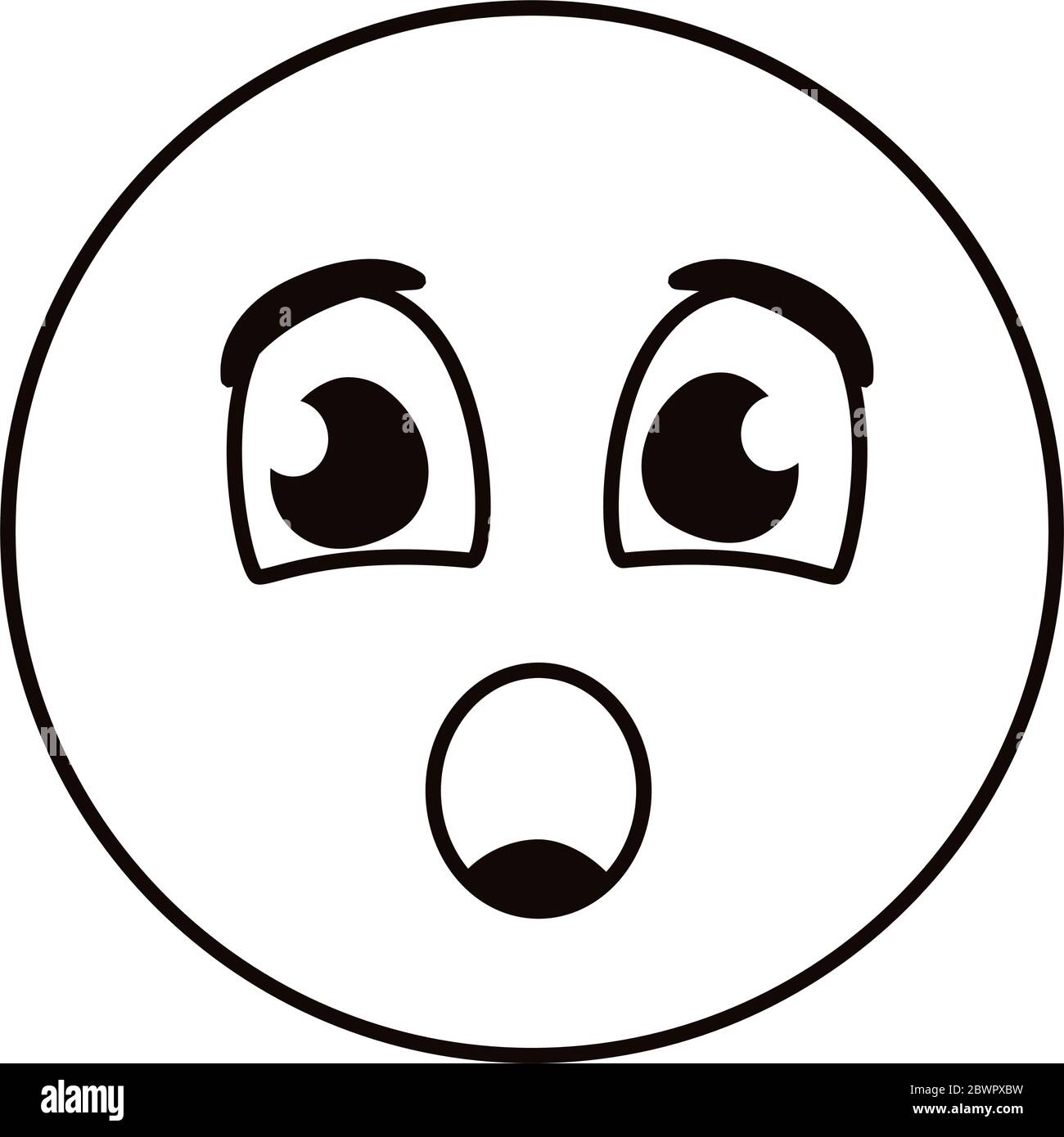 Scared face emoji. Worried, confused. Scary, tense. Drawing by hand, with  marker pen, brush. Irregular shapes. Isolated on white background. Emoticon  expression design illustration. Illustration Stock