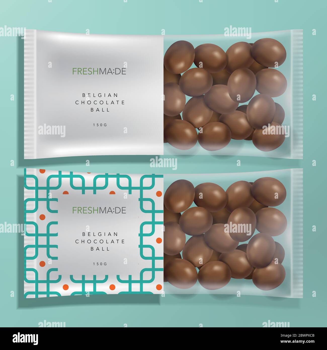Vector Semi Transparent Food & Snack Packet Packaging with Geometric Pattern and Milk chocolate Mock Up Stock Vector