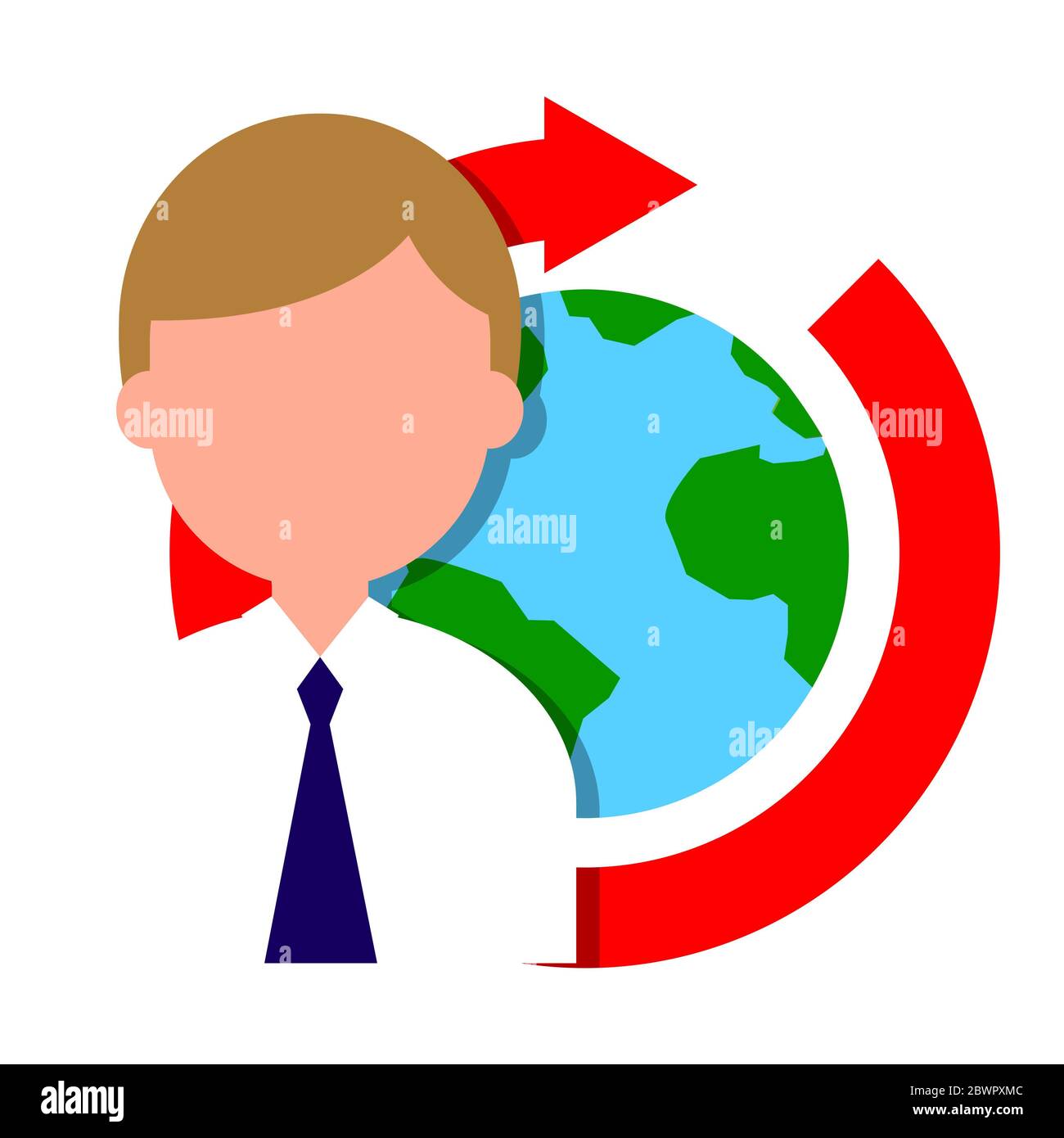 Man with planet Earth surrounded with red arrow in background Stock Photo
