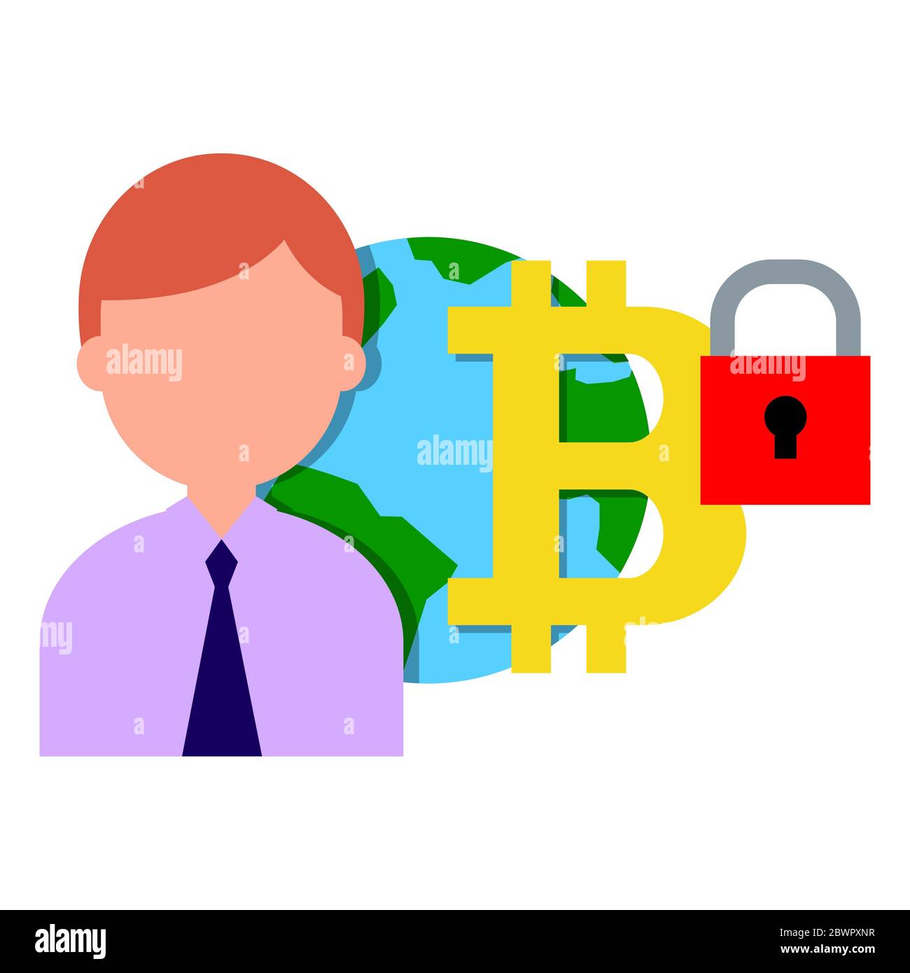 Man with planet Earth and bitcoin symbol with padlock Stock Photo
