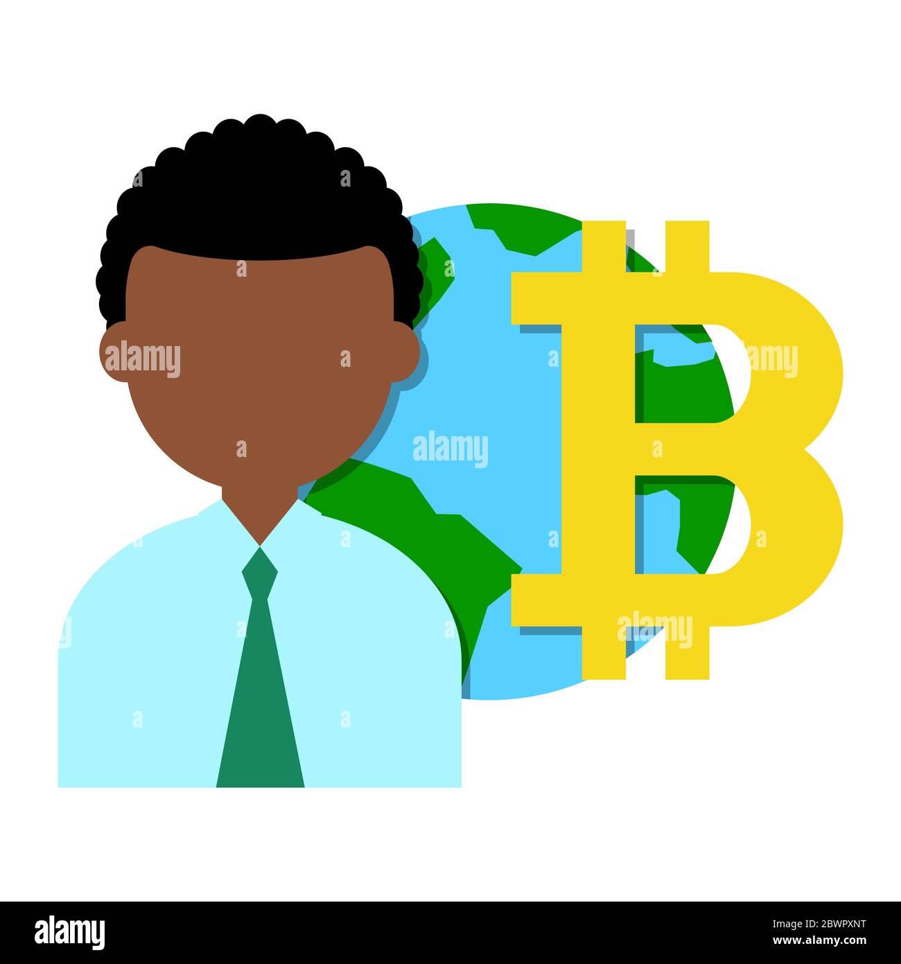 Man with planet Earth and bitcoin symbol Stock Photo