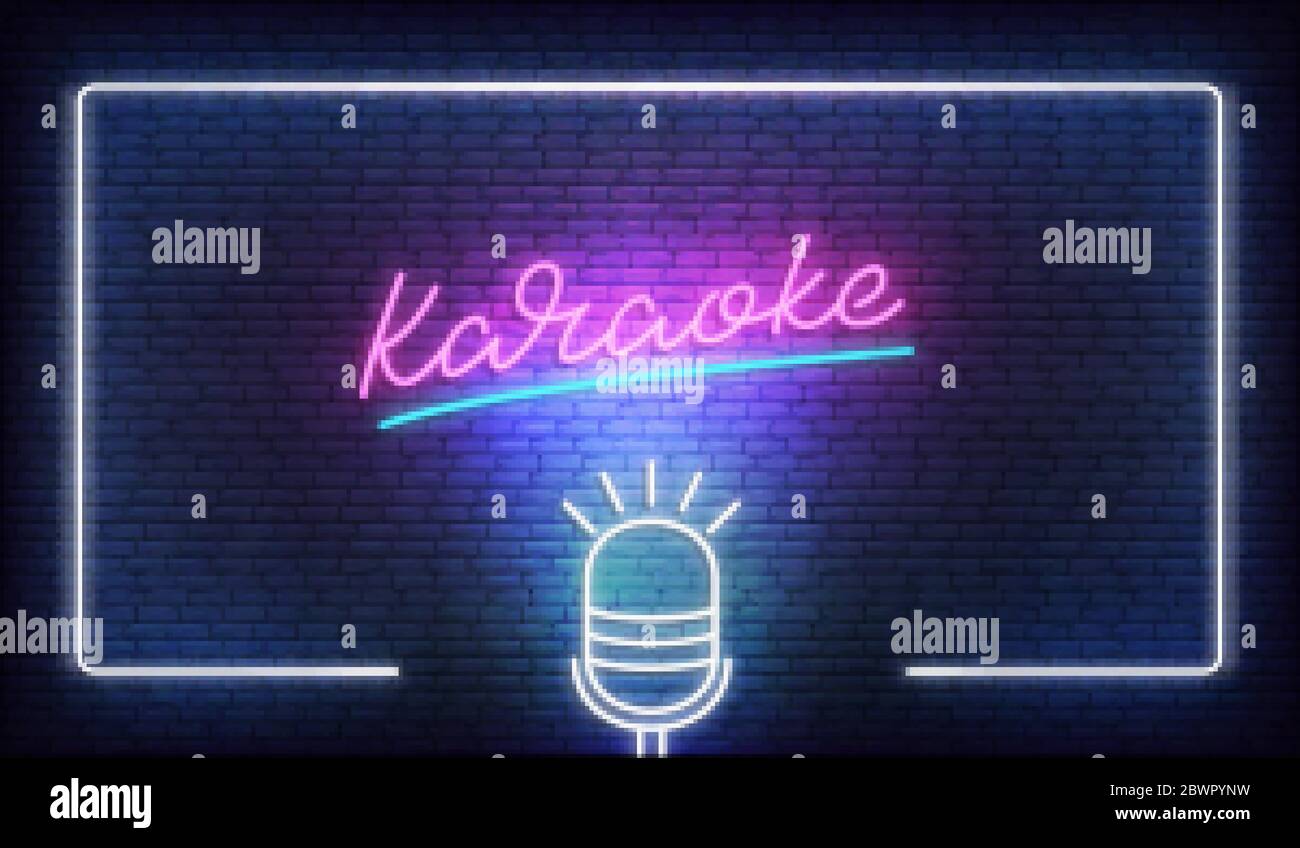 Karaoke neon template. Neon billboard with glowing border frame and