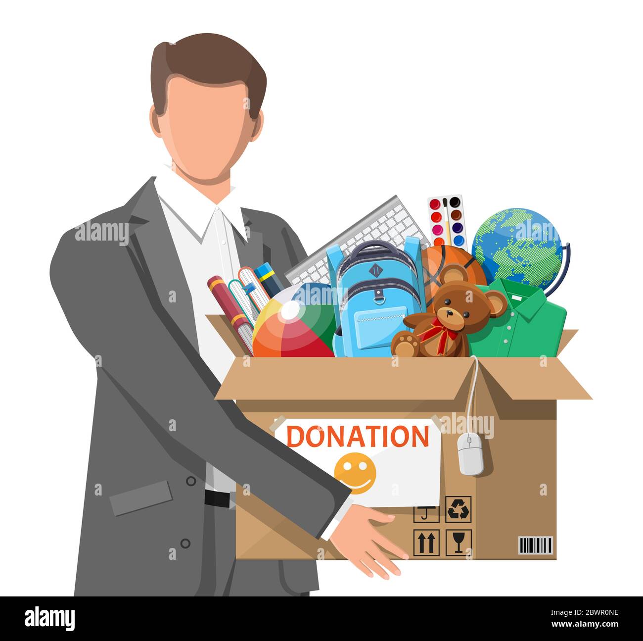 Man, cardboard donation box toys, books, clothes and devices. Help for