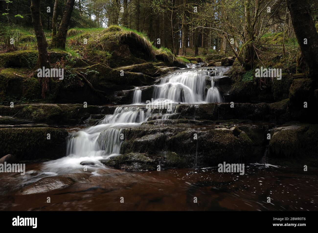 Cascade on Nant Bwrefwr, about half way between the car park and the Afon Caerfanell. Stock Photo