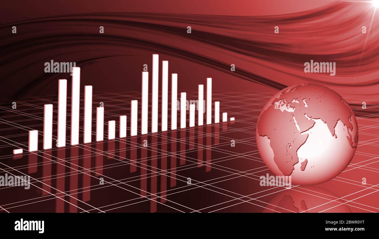 Financial and business chart and graphs with reflections on the floor - earth globe in front and abstract colored waves in background in red colour - Stock Photo