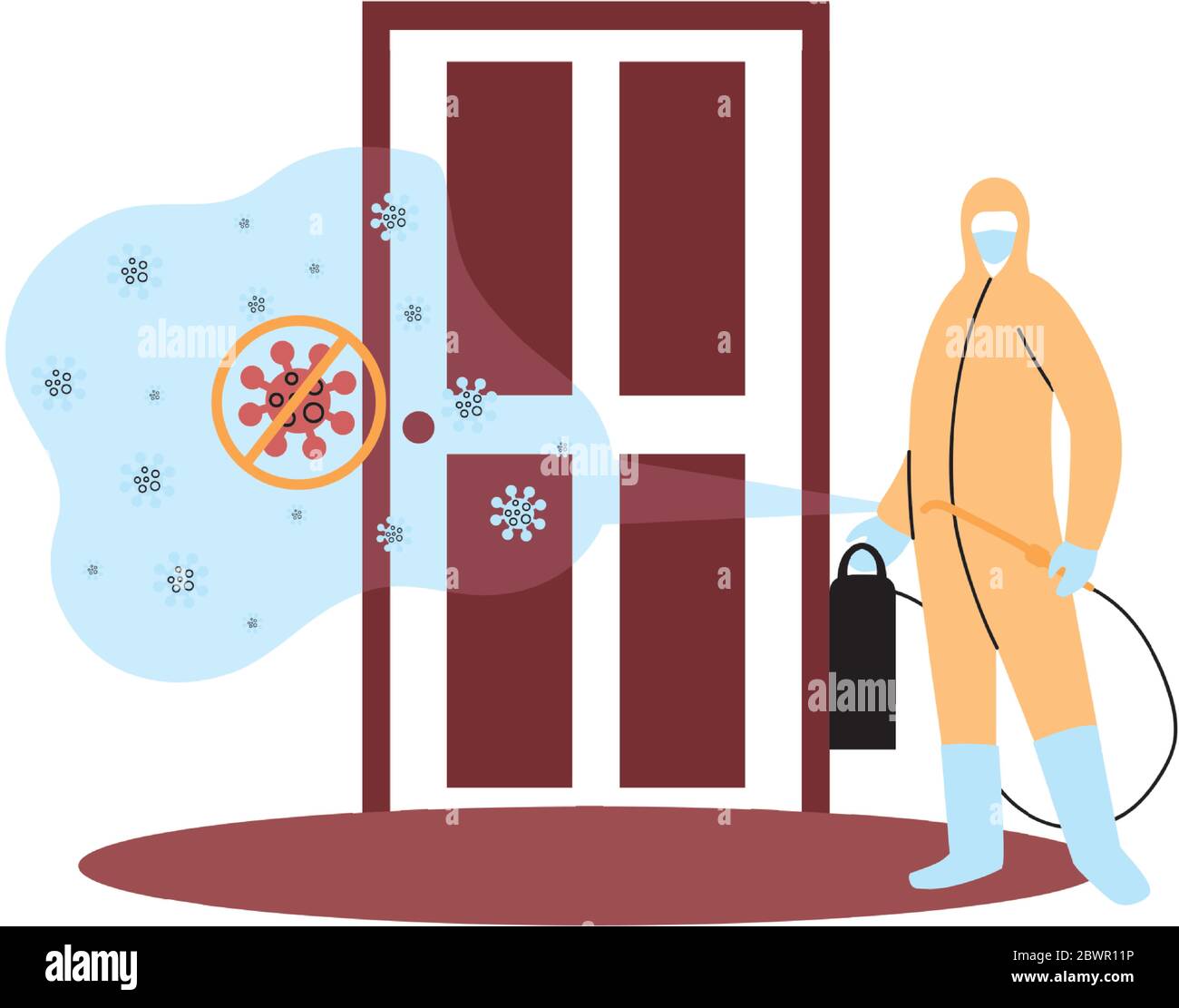 Men wearing protective suits and isolated disinfectant to avoid covid 19, disinfecting houses vector illustration design Stock Vector