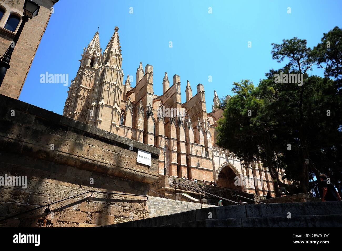 Looking up at the cathedral from the Passeig Dalt Murada, Palma. Stock Photo