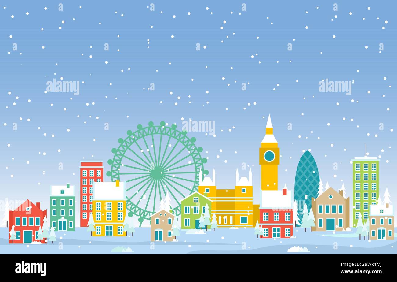 Winter Snow in London City Cityscape Skyline Landmark Building Illustration Stock Vector