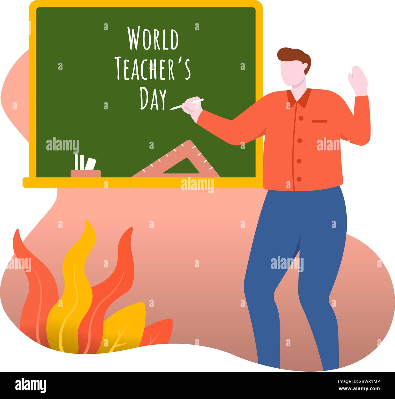 World Teacher Day Standing in Classroom Blackboard Flat Design Illustration Stock Vector