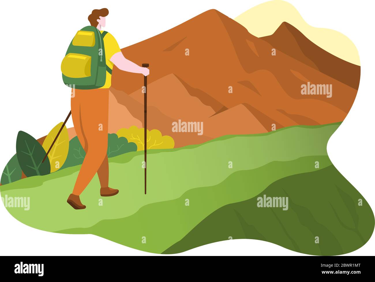 Hiker Man with Backpack Towards Top of Mountain Flat Design Illustration Stock Vector