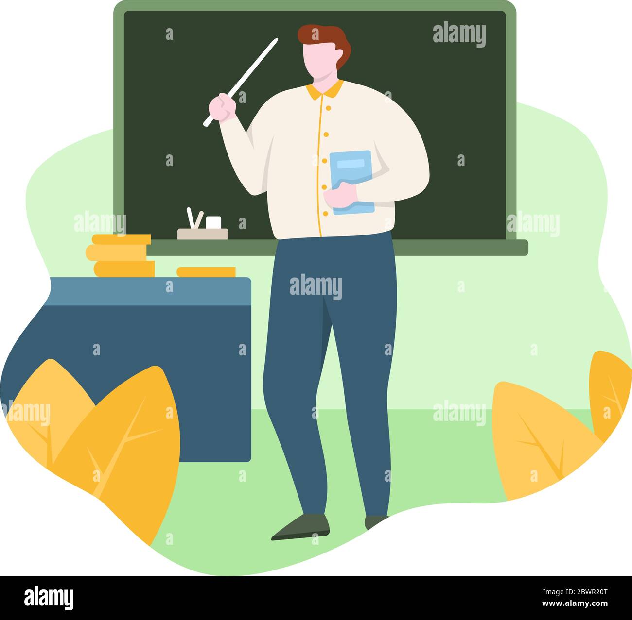 Teacher Standing in front of Classroom with Book Blackboard Flat Design Illustration Stock Vector