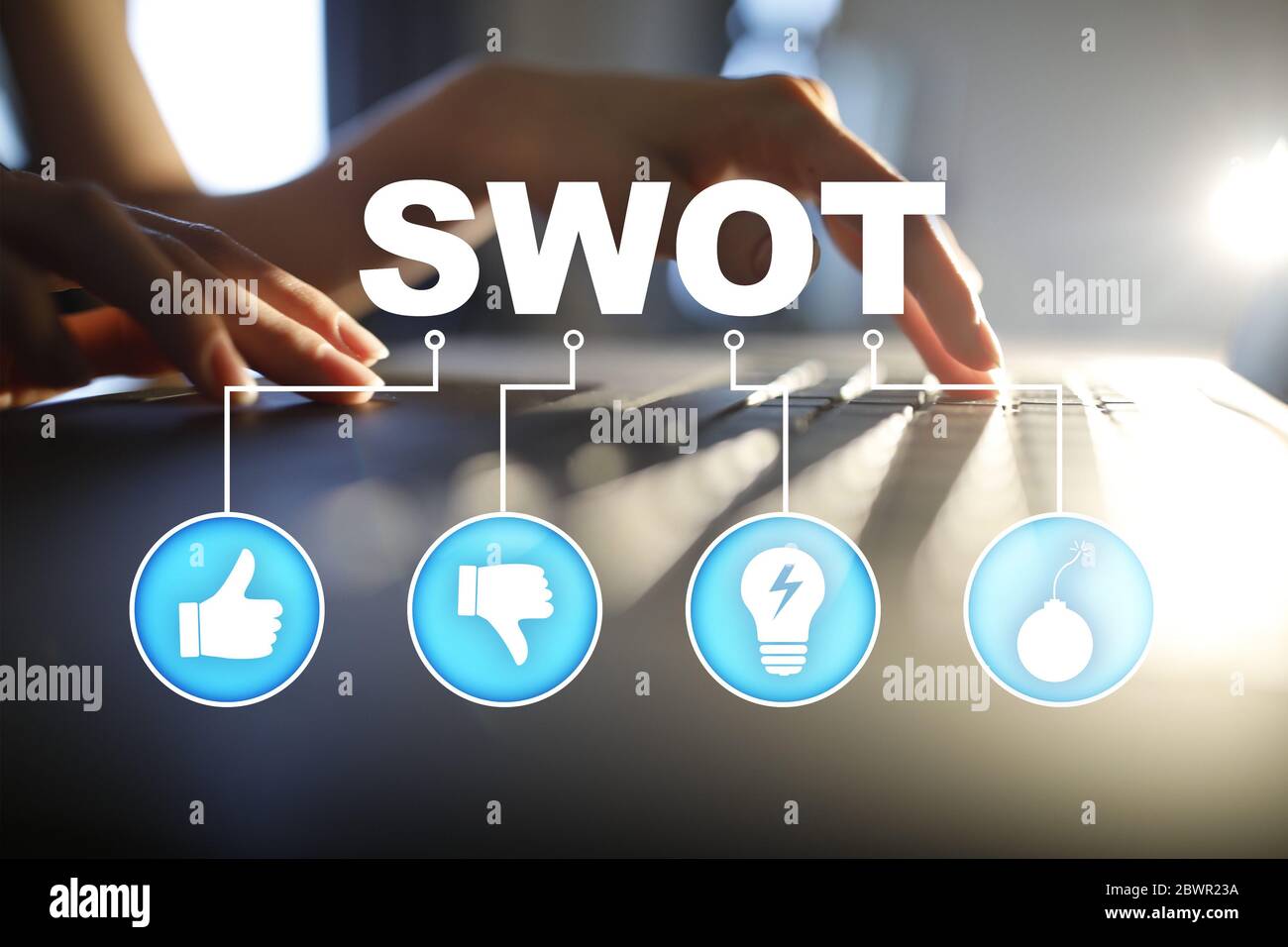 Swot analysis concept - a study by an organization to identify its internal strengths, weaknesses, as well as its external opportunities and threats. Stock Photo