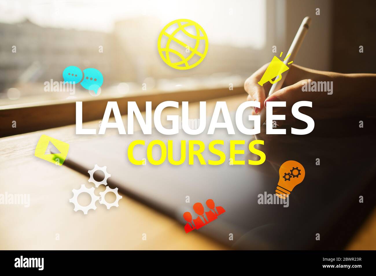 Language courses, Online learning, English shool, E-learning concept on virtual screen Stock Photo