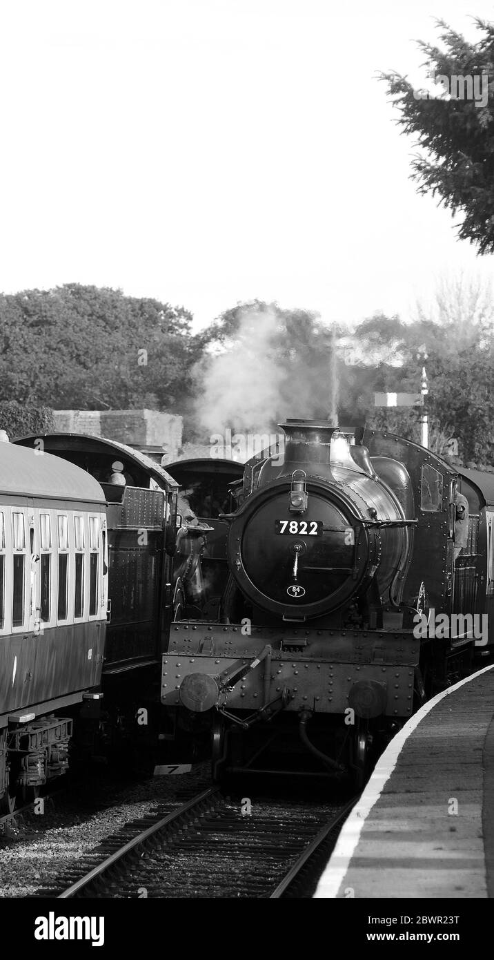 'Foxcote Manor' arriving at Bule Anchor with a Bishops Lydeard - Minehead train, passing '3850' and 'Raveninghma Hall' with a Minehead - Bishops Lydea Stock Photo
