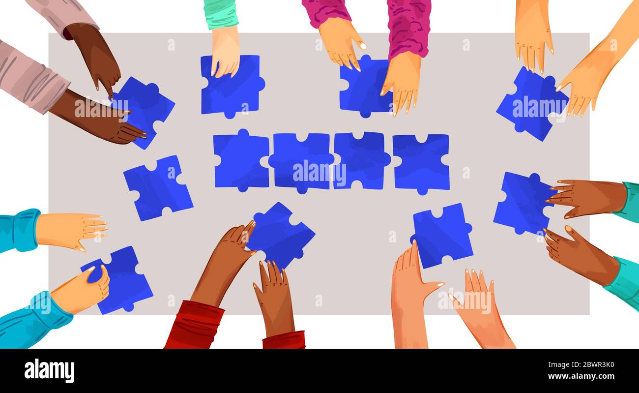 Hands of diverse people with puzzles vector illustration. Solving problems with team, making decisions. Hands assembling jigsaw puzzle, african and Stock Vector