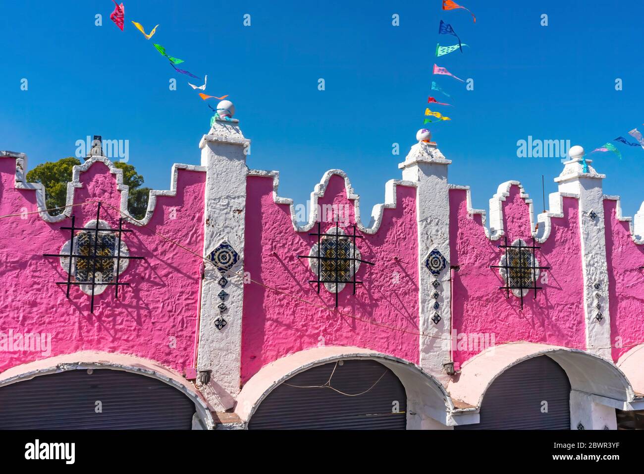Pink Flags Open Air Market Restaurants Puebla Mexico Stock Photo Alamy