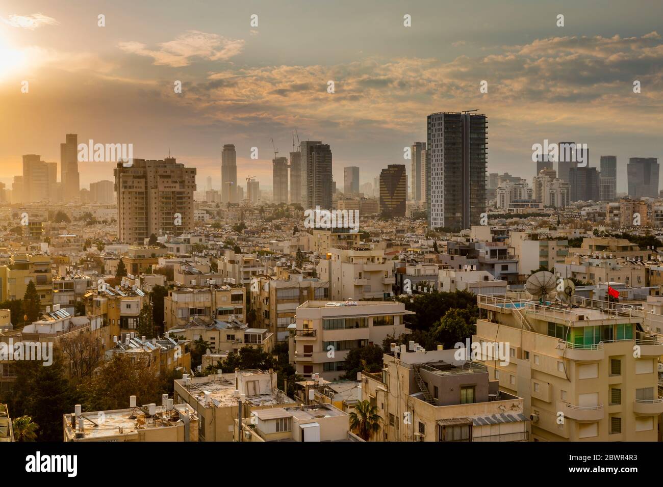 Sunrise over Tel Aviv's city skyscrapers, Tel Aviv, Israel, Middle East Stock Photo