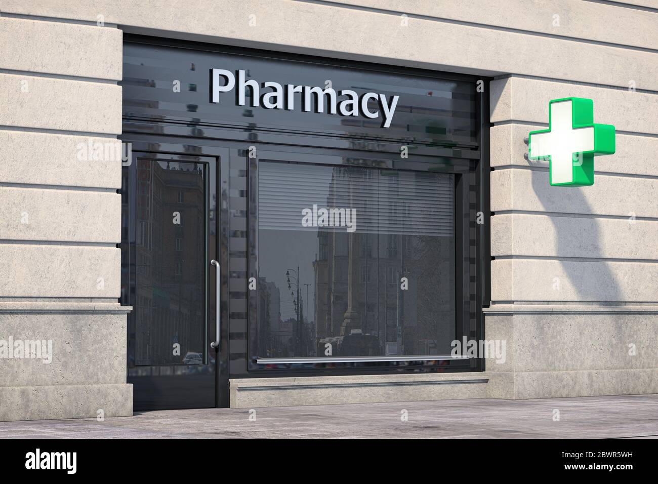 Pharmacy store or drugstore exterior design. 3d illustration Stock