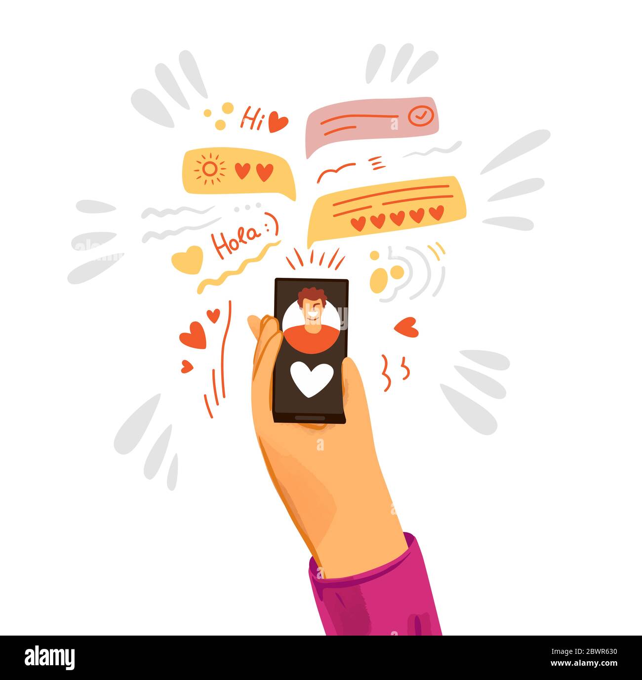 Vector flat illustration of human hand giving love and swiping right on dating app. Romantic and love finder in smartphone. Online chat and dating Stock Vector