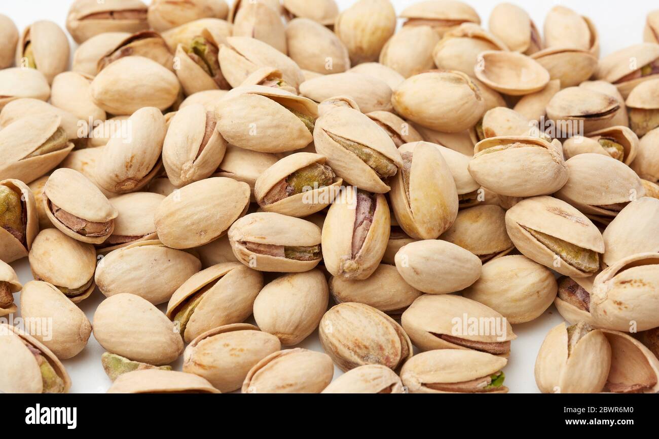 fried salted pistachio , top view. Roasted salted pistachio nuts, close