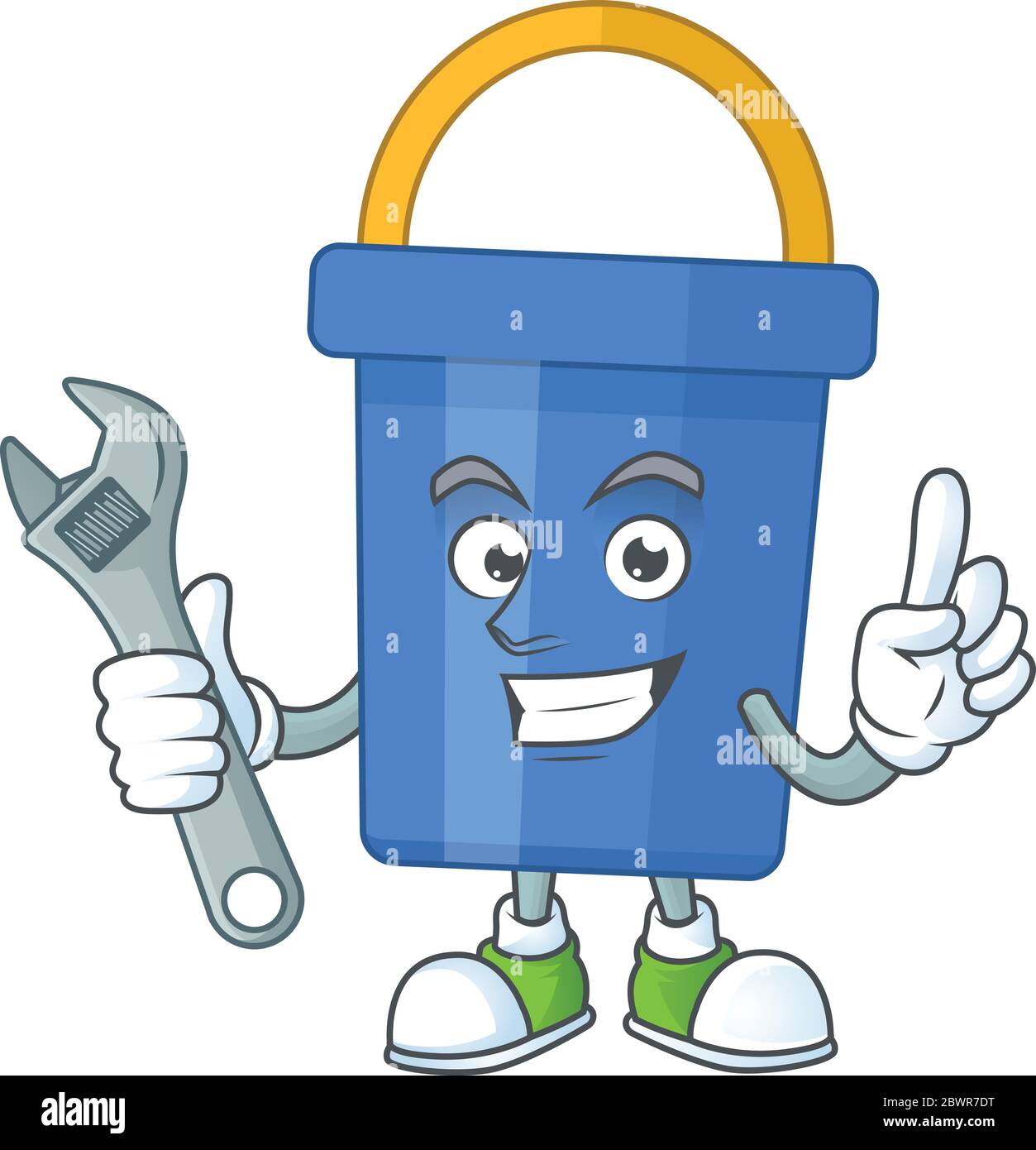 A smart mechanic blue sand bucket cartoon mascot design fix a broken machine Stock Vector