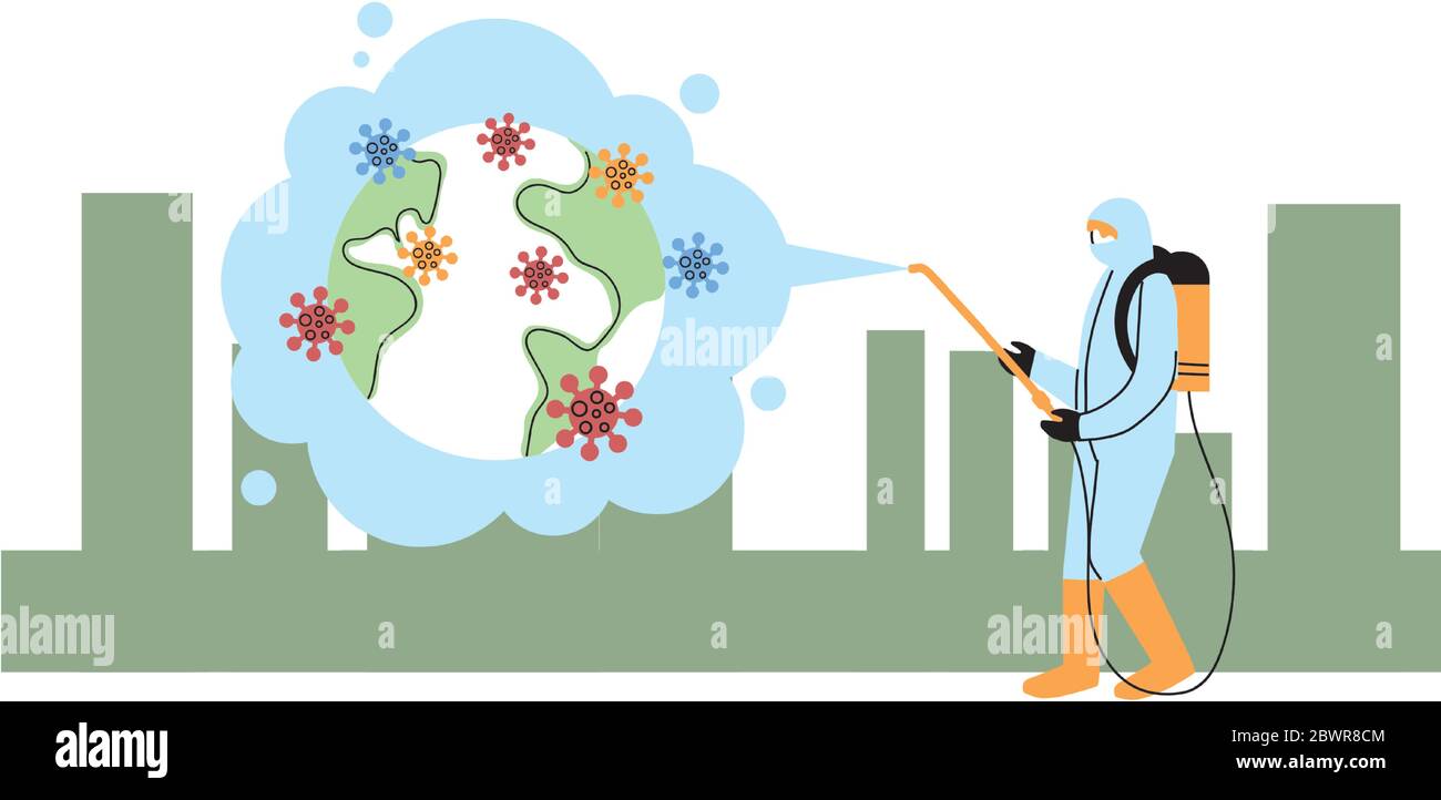 Man wearing protective suit and disinfectant isolated to avoid covid 19, disinfecting the city vector illustration design Stock Vector