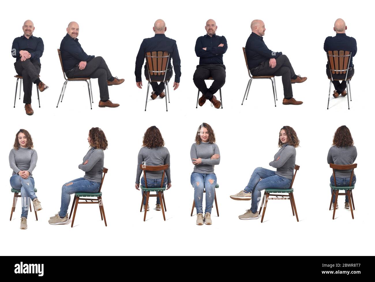 collage of a couple sitting on a chair in white background, front,profile  and back view Stock Photo - Alamy