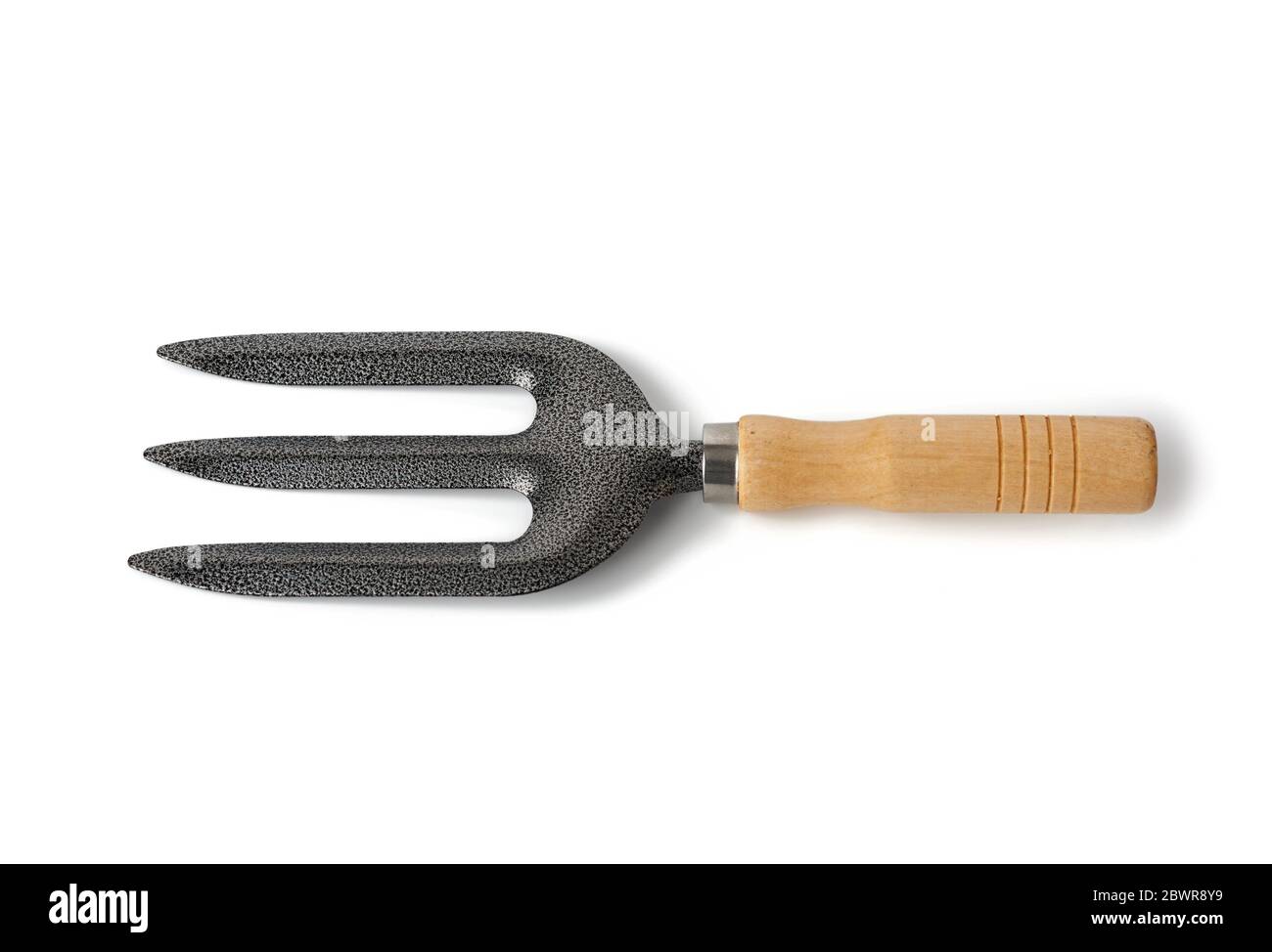 new metal little garden pitchfork on wooden handle isolated on white