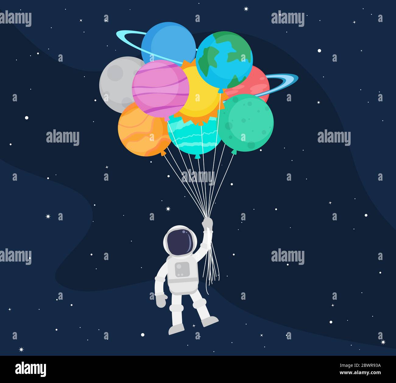 Cute astronaut cartoon floating with balloon planet in space background - Vector illustration Stock Vector
