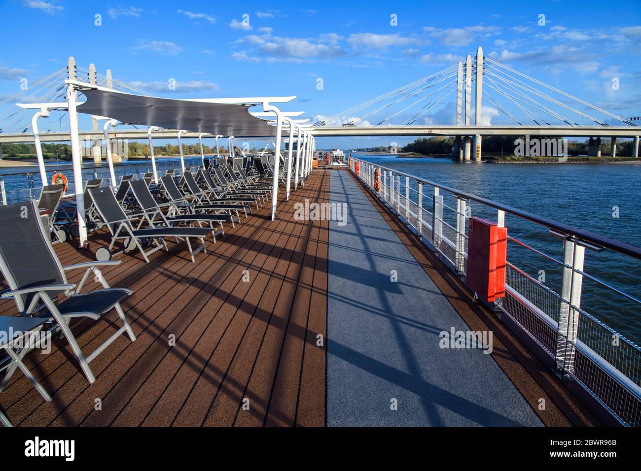 Upper deck of the Viking Ve river cruiser, Waal River, Ewijk, Gelderland, Netherlands. Stock Photo